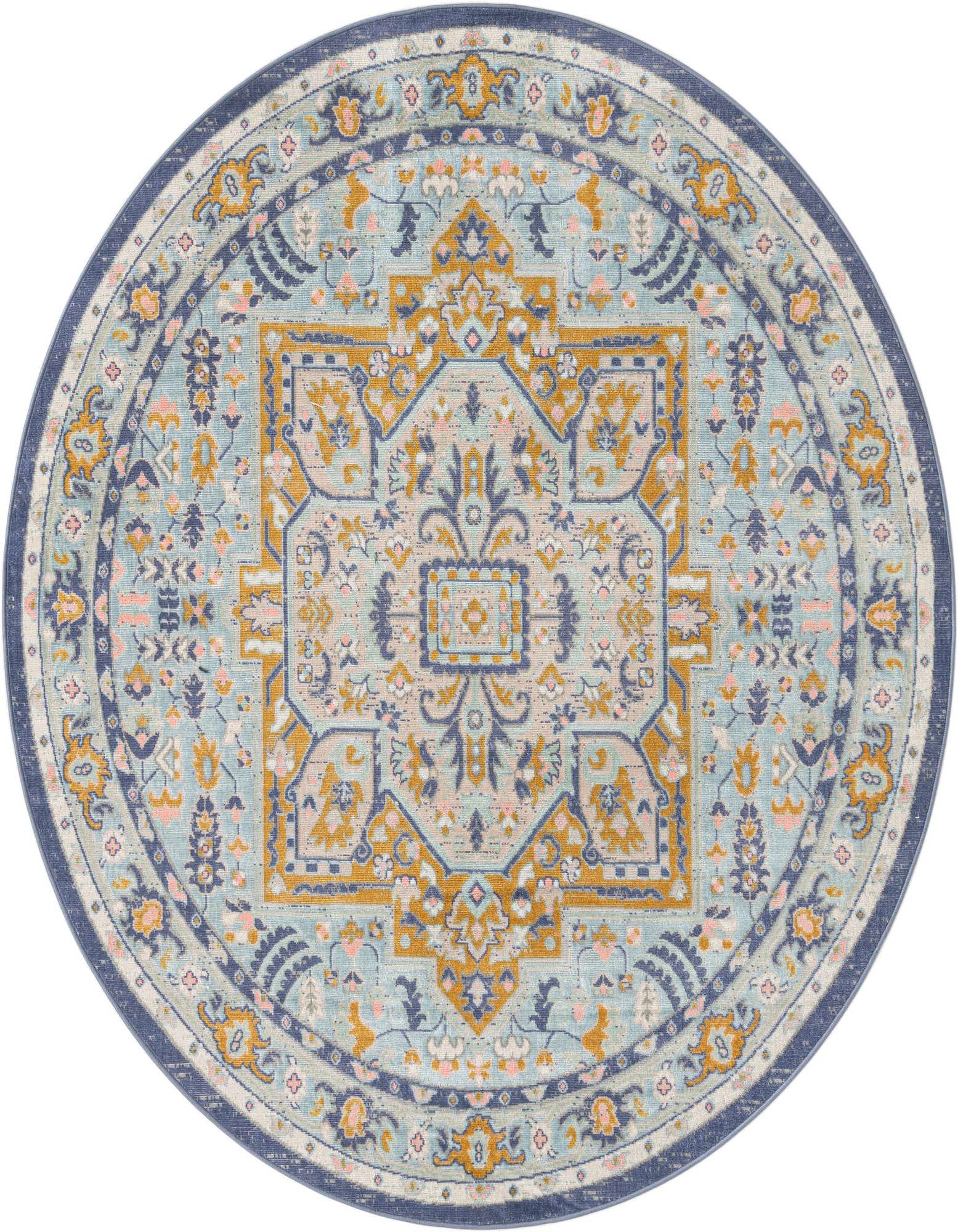 A round 7' sky blue rug with a vintage medallion pattern in gold, navy, and pink, featuring a flatweave texture.