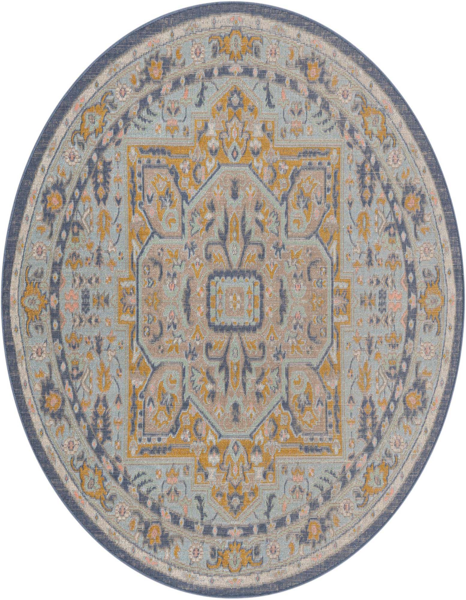 A 5' round sky blue rug with a vintage medallion pattern in gold, navy, and subtle pink tones.