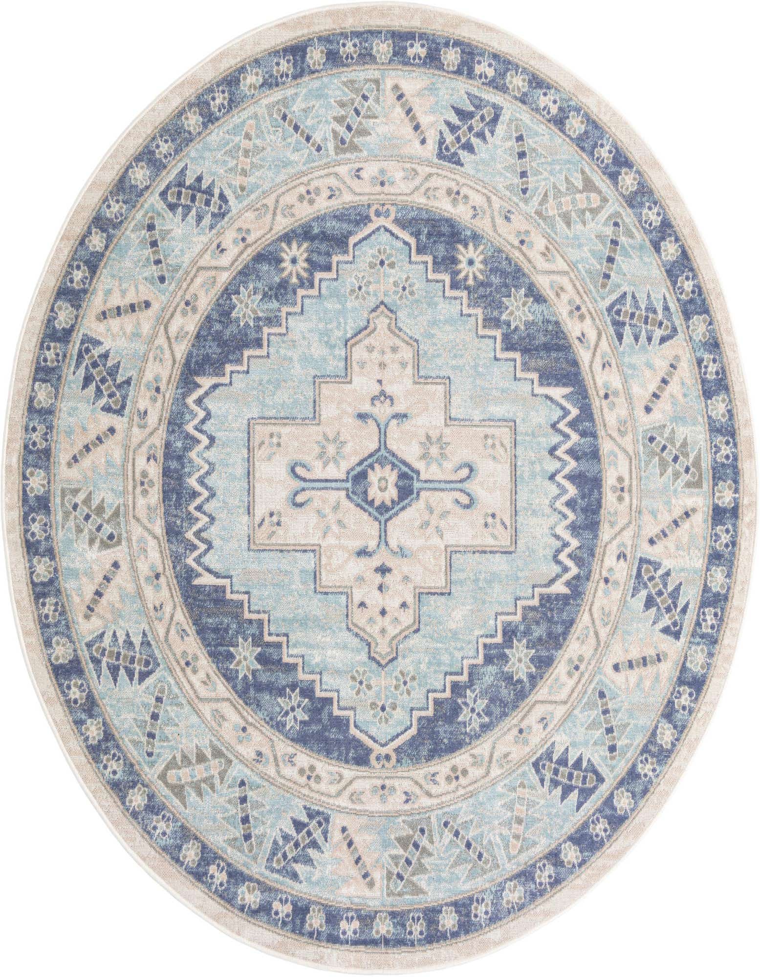 A round sky blue, beige, and navy tribal medallion rug with a flatweave texture, suitable for indoor spaces.
