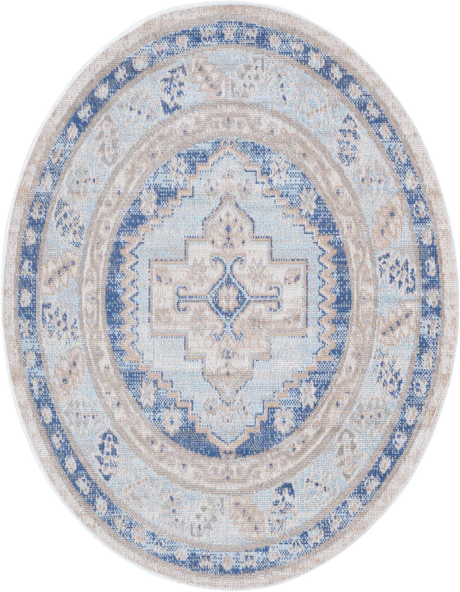 A round sky blue, beige, and navy tribal medallion rug with a flatweave texture, suitable for various indoor spaces.