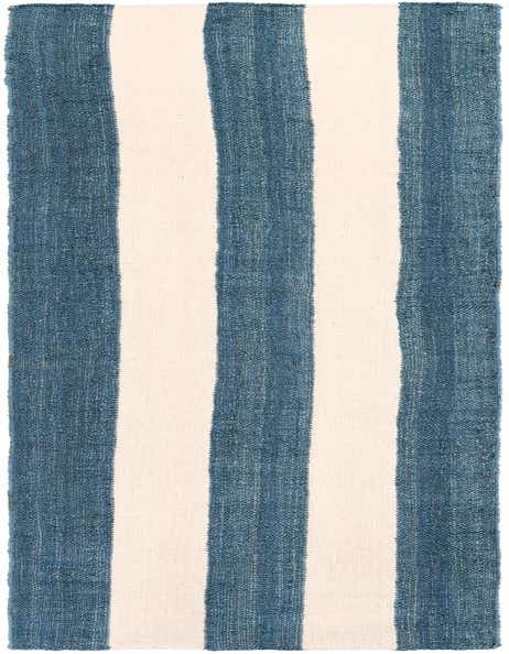 A 12 ft runner rug with wide, alternating sky blue and off-white vertical stripes, showcasing its textured flatweave construction.
