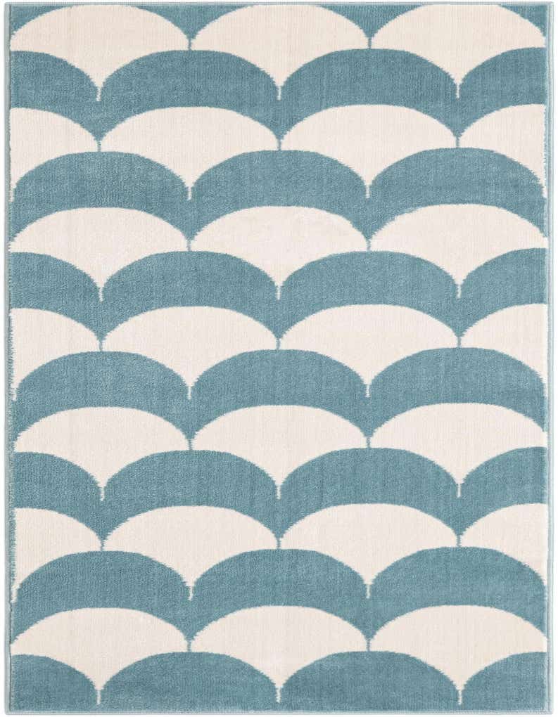 A 5 ft runner rug with a modern abstract pattern of sky blue and cream scallop shapes, ideal for a hallway.