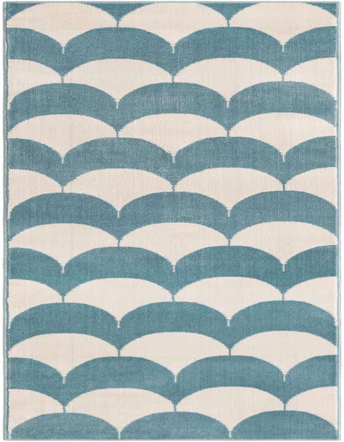 A 6 ft runner rug with a modern abstract pattern of sky blue and cream scalloped shapes, perfect for a hallway or kitchen.