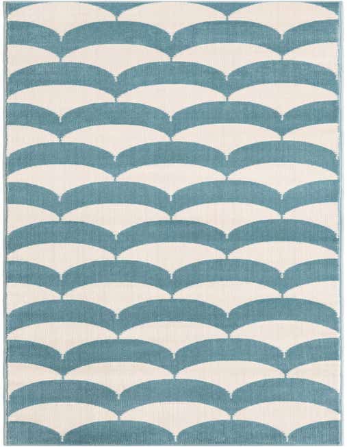 An 8 ft runner rug featuring a modern abstract pattern of repeating sky blue scallop shapes on a cream background.