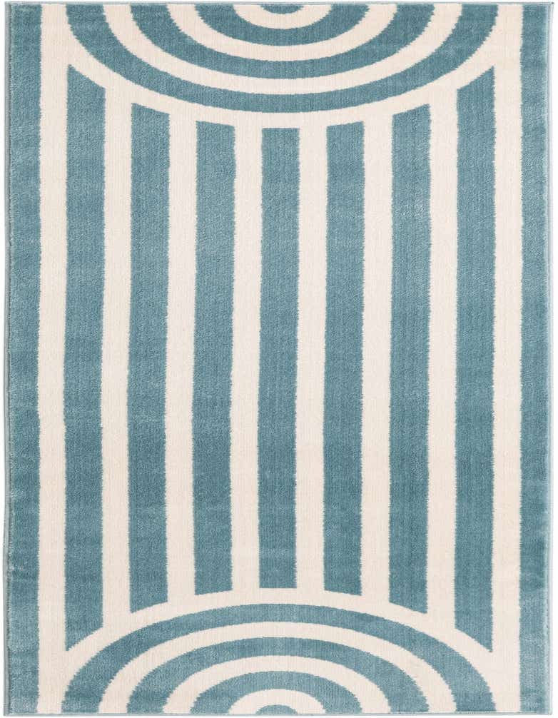 A 5 ft runner rug with a modern sky blue and white stripe pattern, featuring concentric arcs at each end.