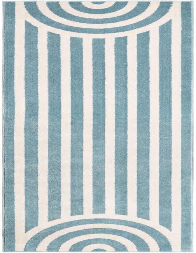 A 6 ft runner rug featuring sky blue and white vertical stripes with concentric half-circle patterns at each end.