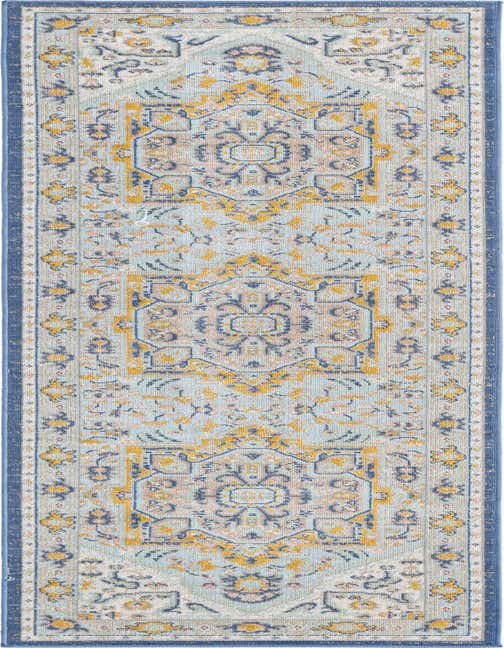 A sky blue 8 ft runner rug with a vintage medallion pattern and a dark blue border, ideal for a hallway or kitchen.