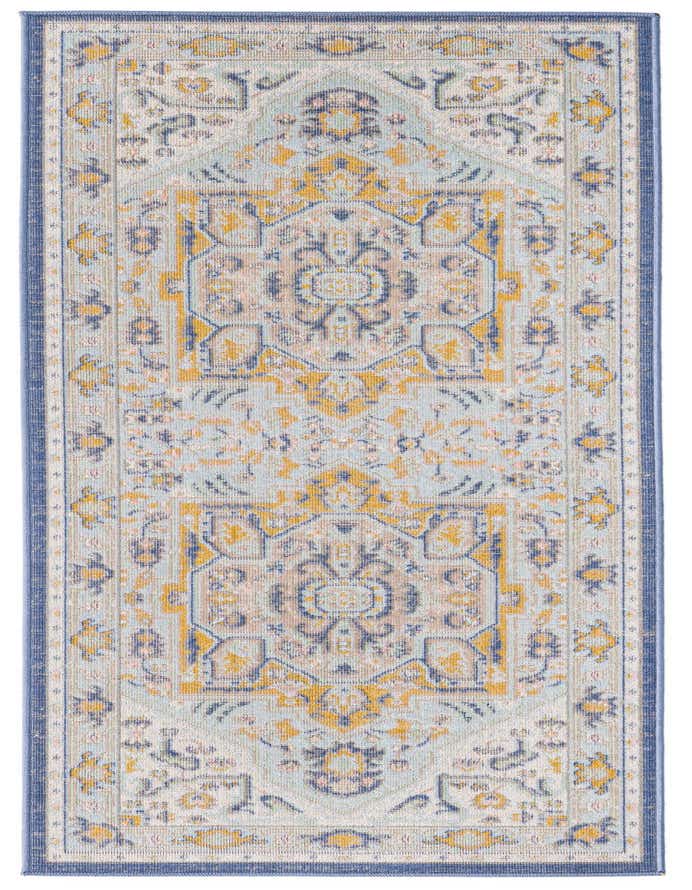 Rugs.com Whitney 6 ft runner rug featuring a sky blue, yellow, and navy medallion pattern with a distressed vintage look, ideal for a hallway or kitchen.