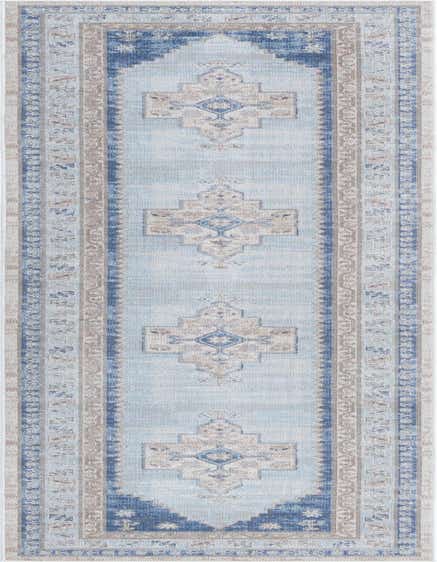 A 12 ft runner rug in sky blue with a distressed tribal medallion pattern and beige borders, perfect for a hallway.