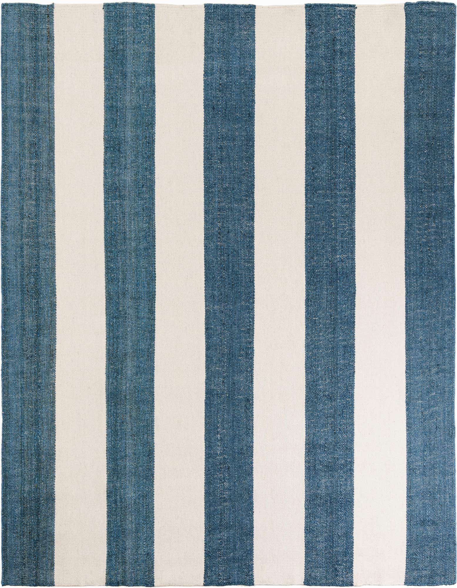 A square 10' x 10' Jill Zarin Hamptons rug featuring wide, alternating sky blue and off-white vertical stripes.