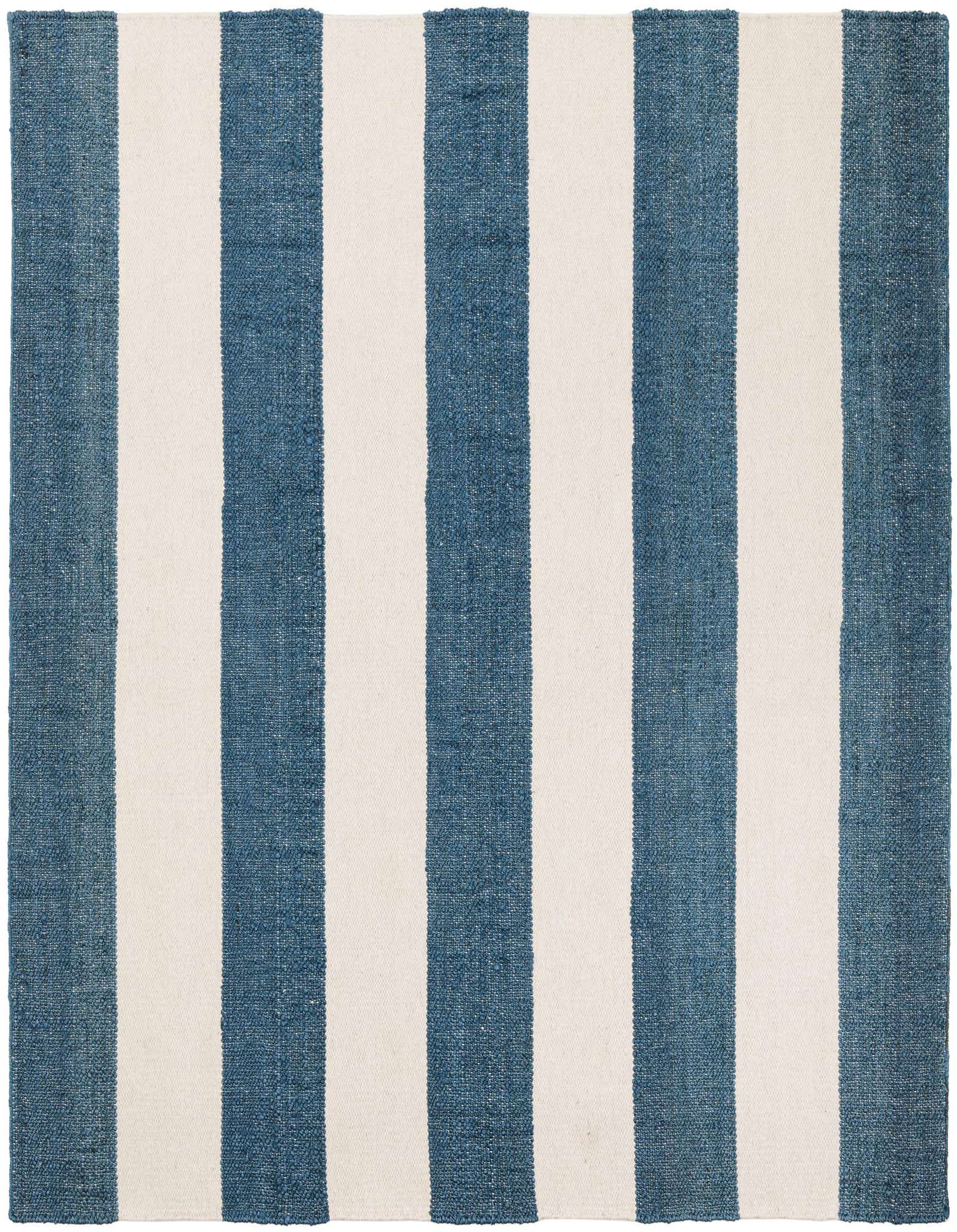 A square 7' 10 x 7' 10 rug featuring wide sky blue and cream vertical stripes, made from textured jute and wool.