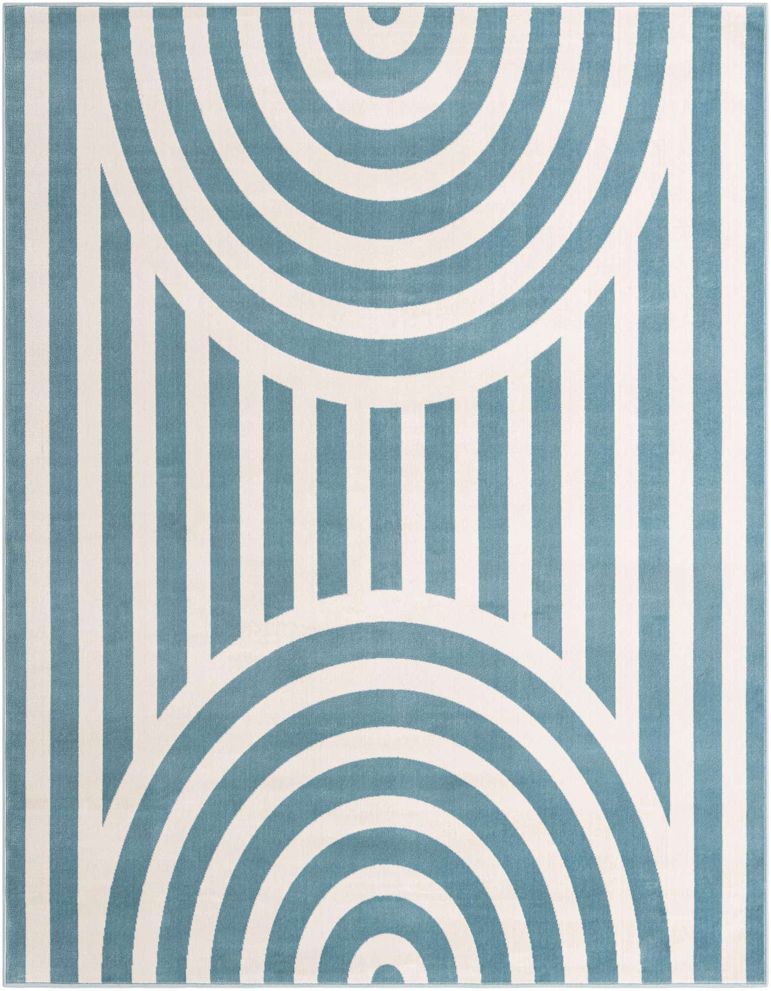 A 7' 10 x 7' 10 square sky blue and white modern rug with a bold geometric stripe and concentric circle pattern.