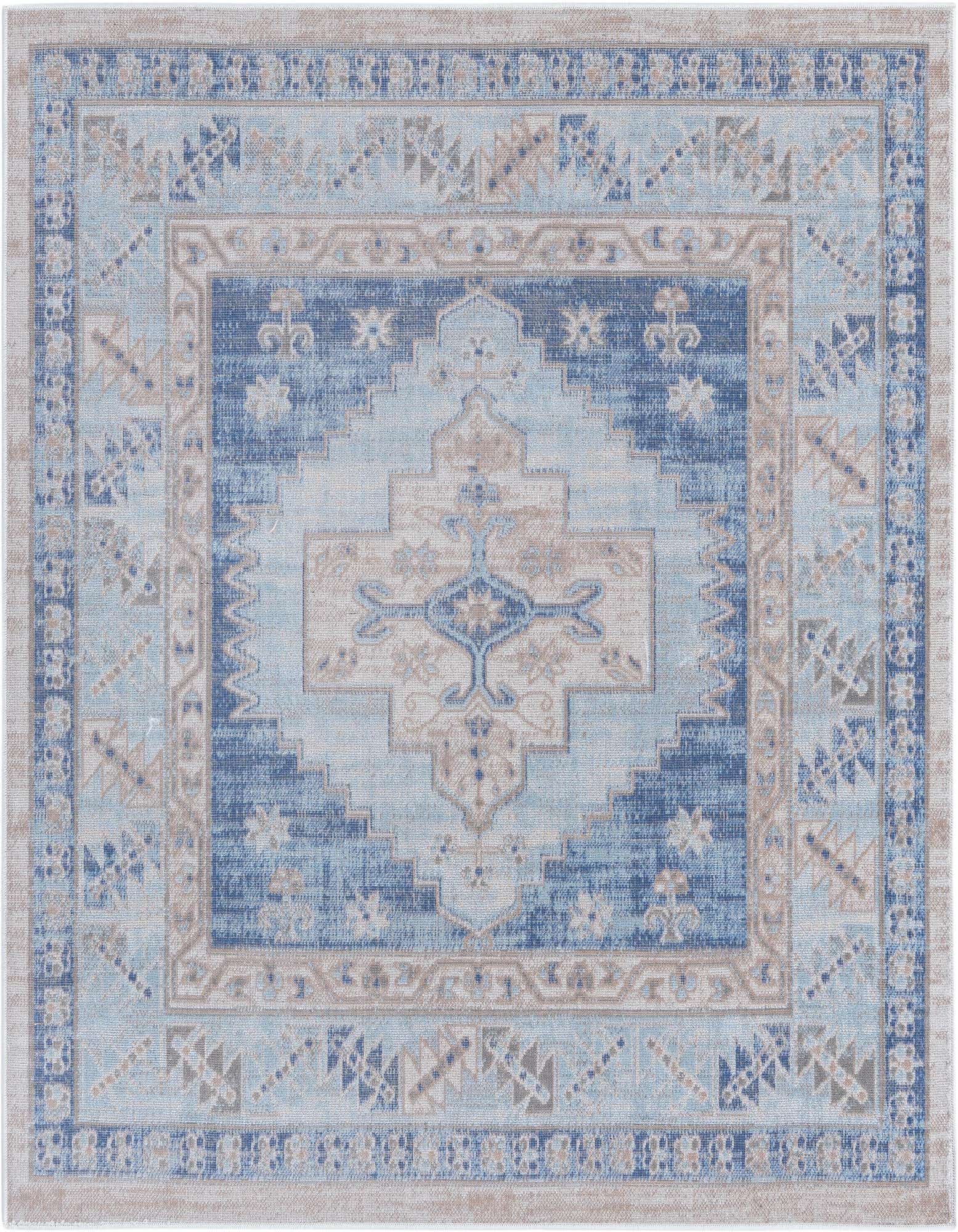 A 5' 3 square sky blue tribal flatweave rug with a central medallion and faded vintage pattern.