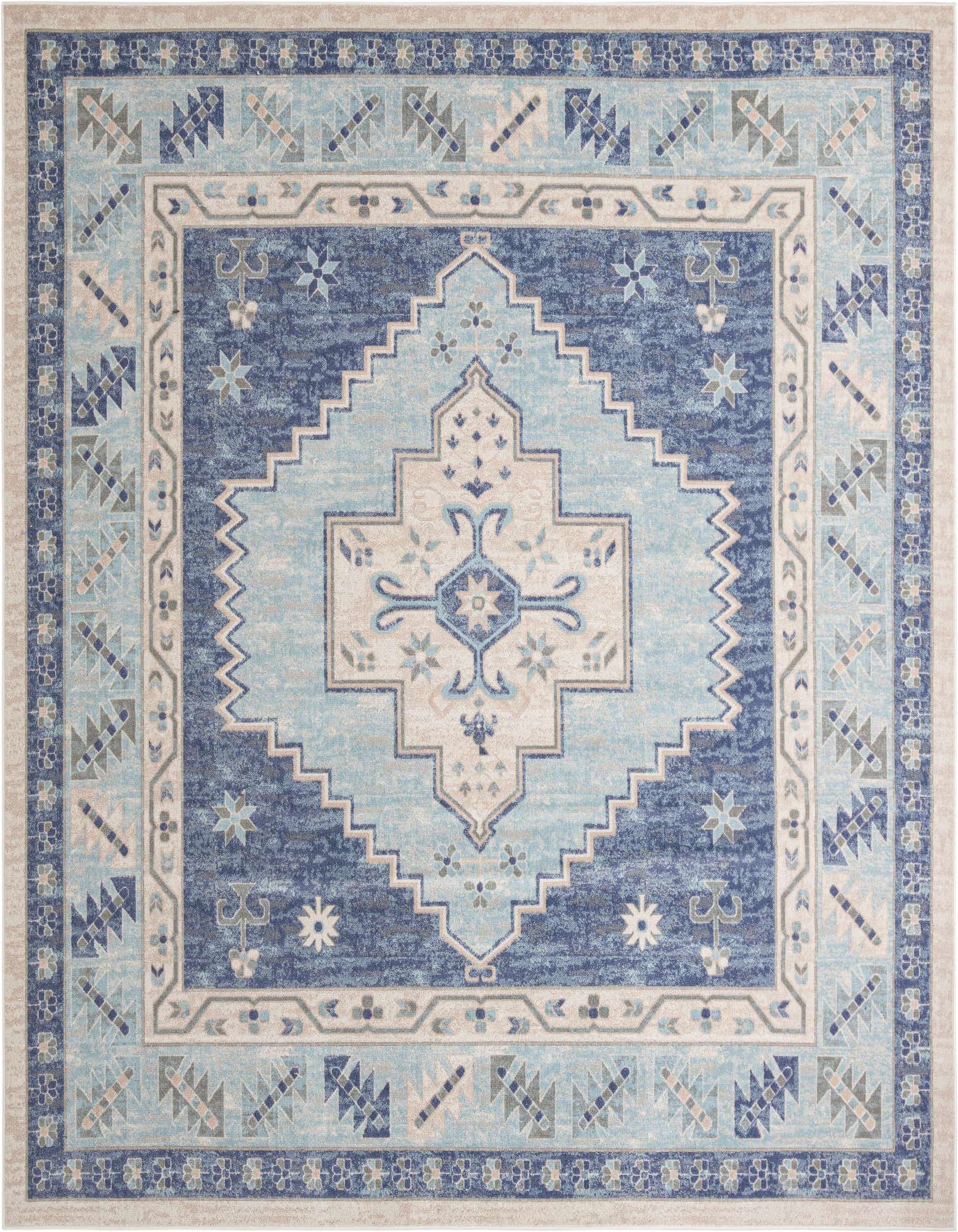 A 12' square sky blue vintage tribal flatweave rug with a central medallion and geometric border.