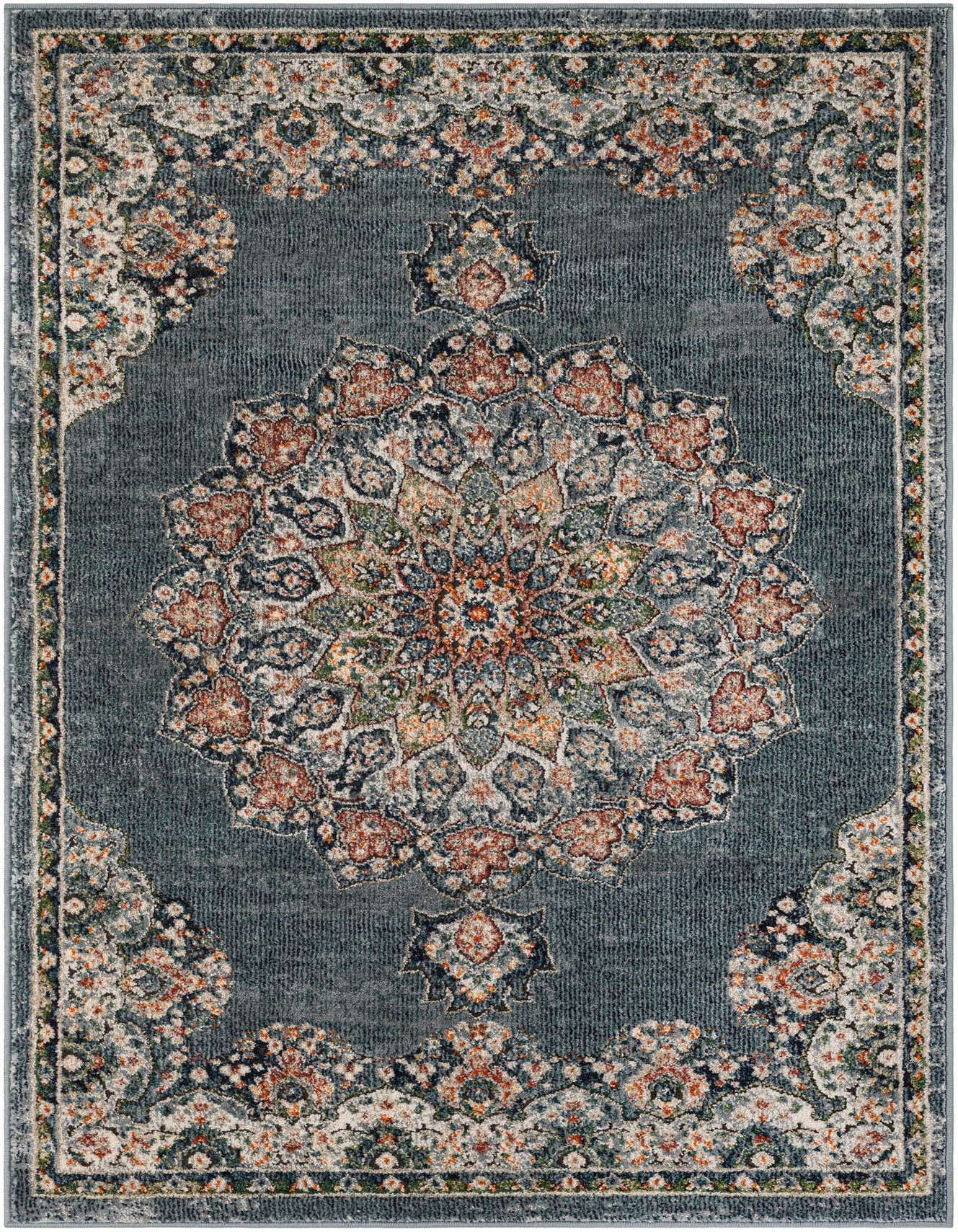 A 4x6 rectangular blue area rug with a large central medallion and intricate floral patterns in orange, cream, and green.