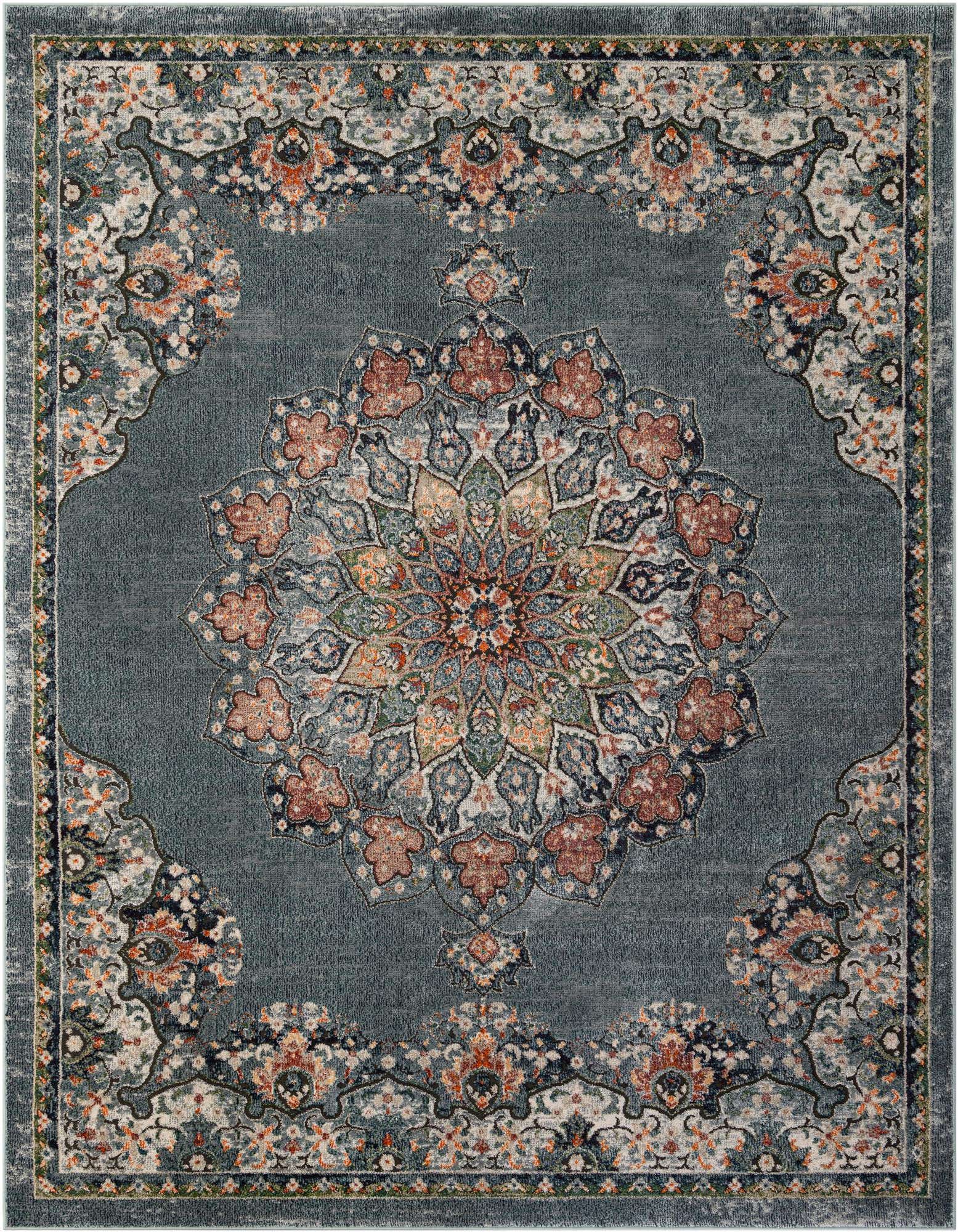 An 8x10 rectangular Isabella rug in shades of blue with a central medallion and traditional Oriental patterns in rust, cream, and green.