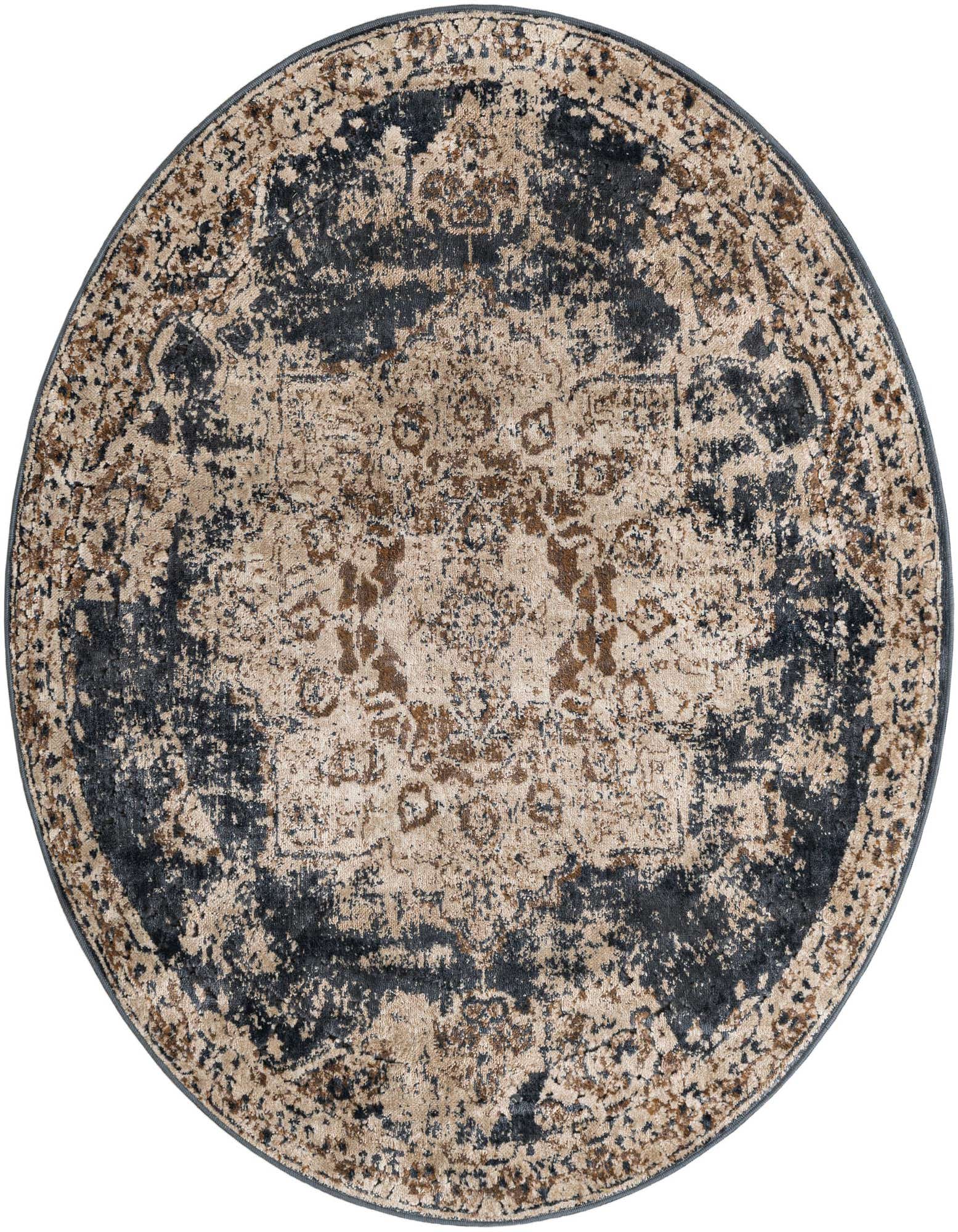 A 4' round Eliza rug featuring a distressed traditional medallion pattern in shades of blue, beige, and brown.