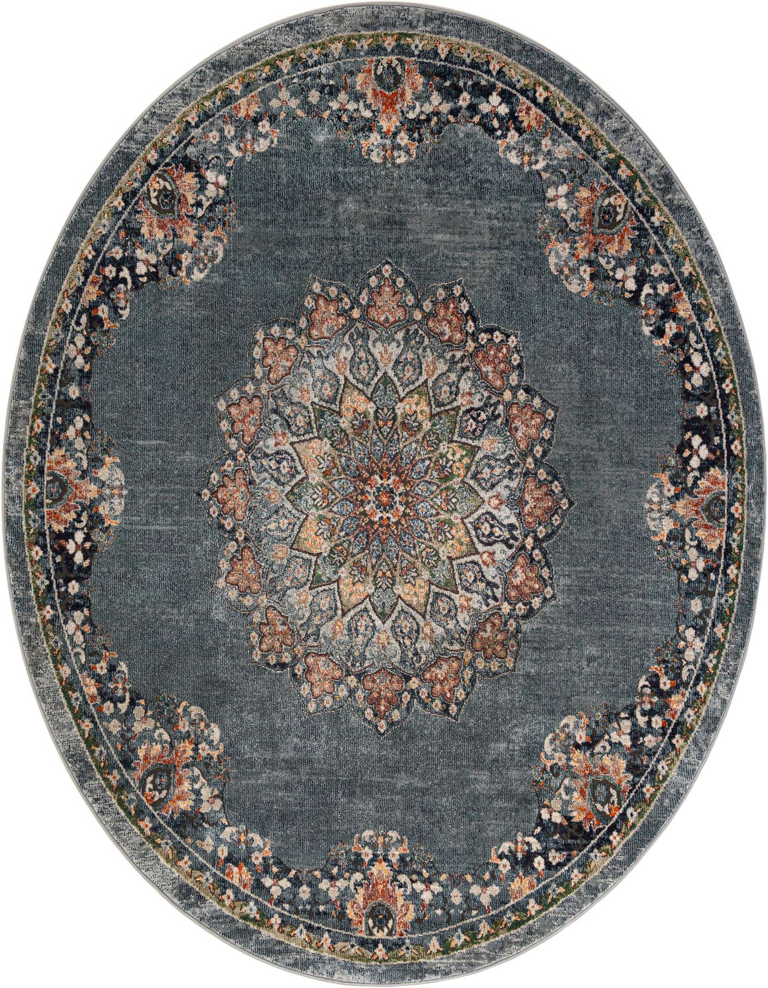 A round 8' blue traditional rug with an intricate orange and blue medallion pattern at its center, surrounded by a detailed floral border.