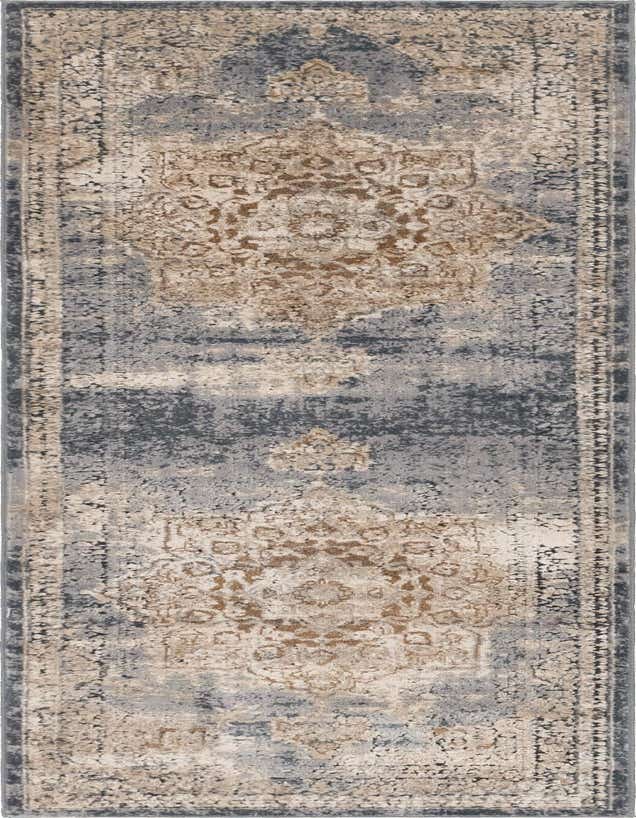 A 7 ft runner rug featuring a distressed traditional medallion pattern in shades of blue, beige, and brown.