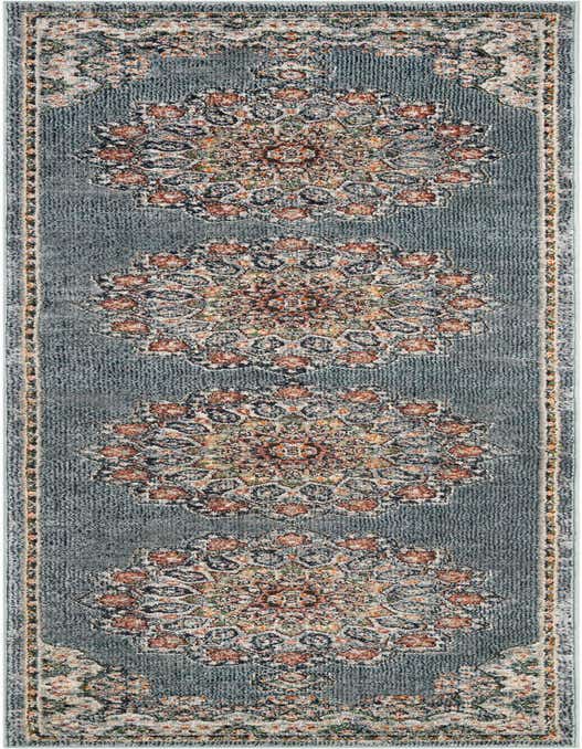 A 10 ft runner rug in shades of blue with an intricate traditional Oriental medallion pattern in orange, cream, and green, ideal for a hallway.