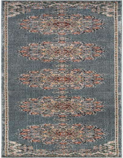 A 13 ft Isabella runner rug in blues with a traditional oriental medallion pattern and a textured pile.