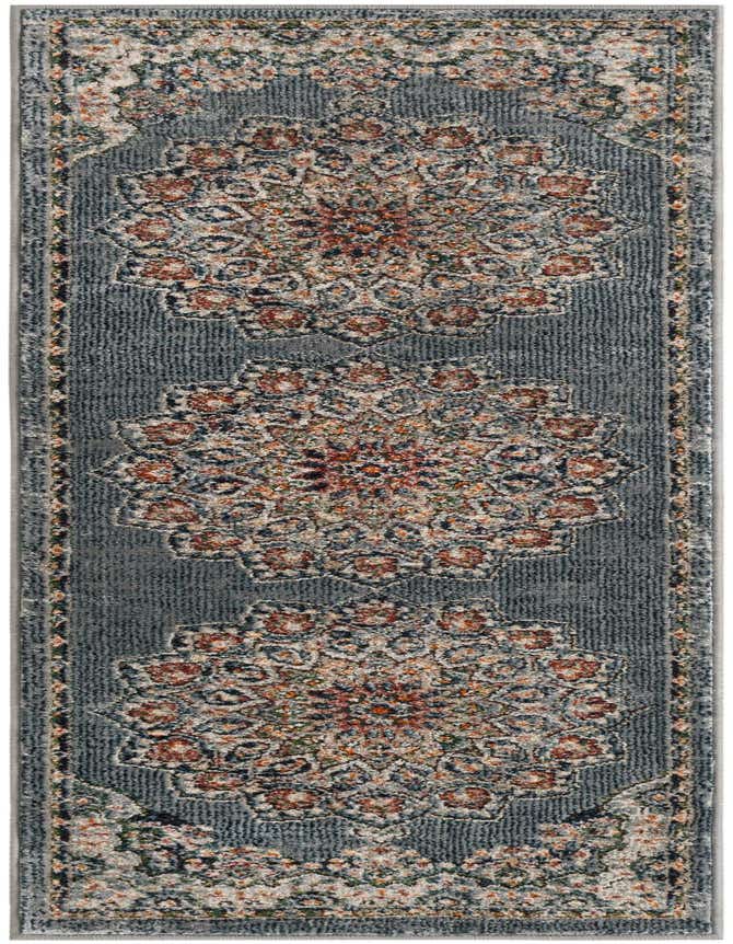 A 6 ft runner rug with a distressed blue background and three large ornate medallion patterns in rust, cream, and dark blue.