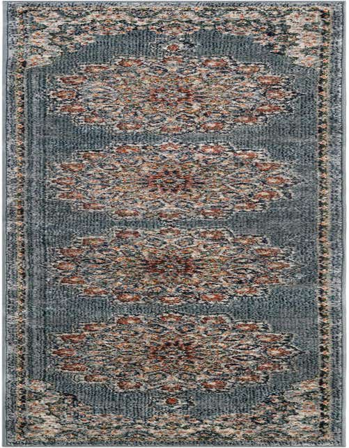 A long 8 ft runner rug featuring a distressed blue background with large, ornate medallion patterns in cream, rust, and navy.