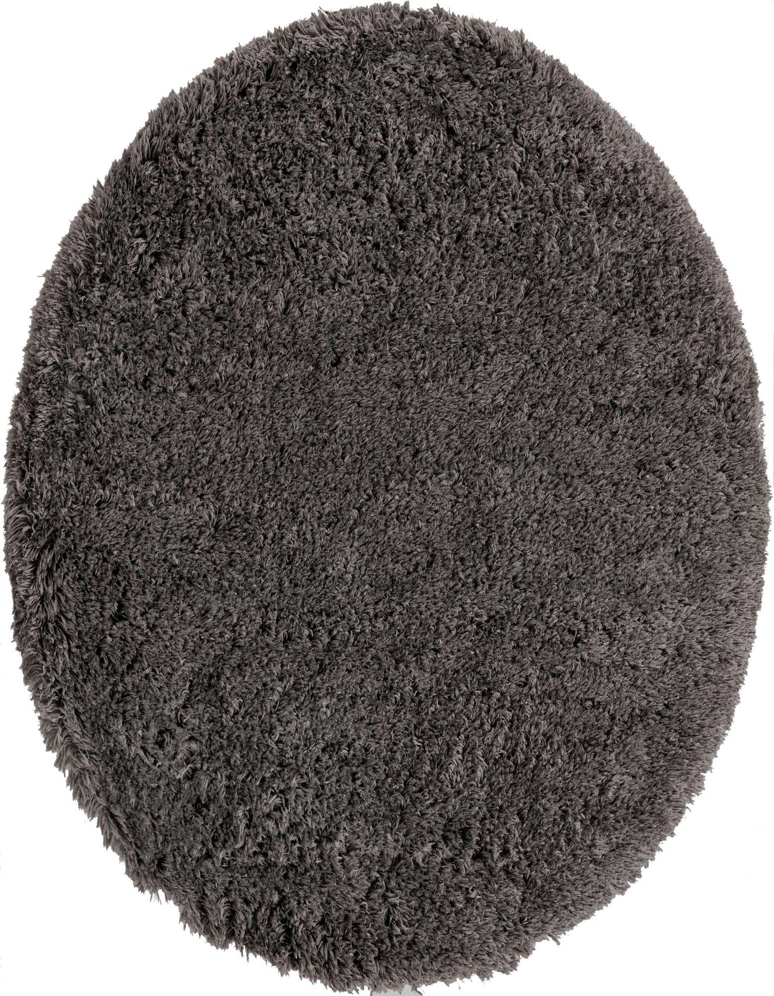 A plush, round 7' 10 x 7' 10 gray shag rug with a textured pile, ideal for adding comfort to any indoor space.