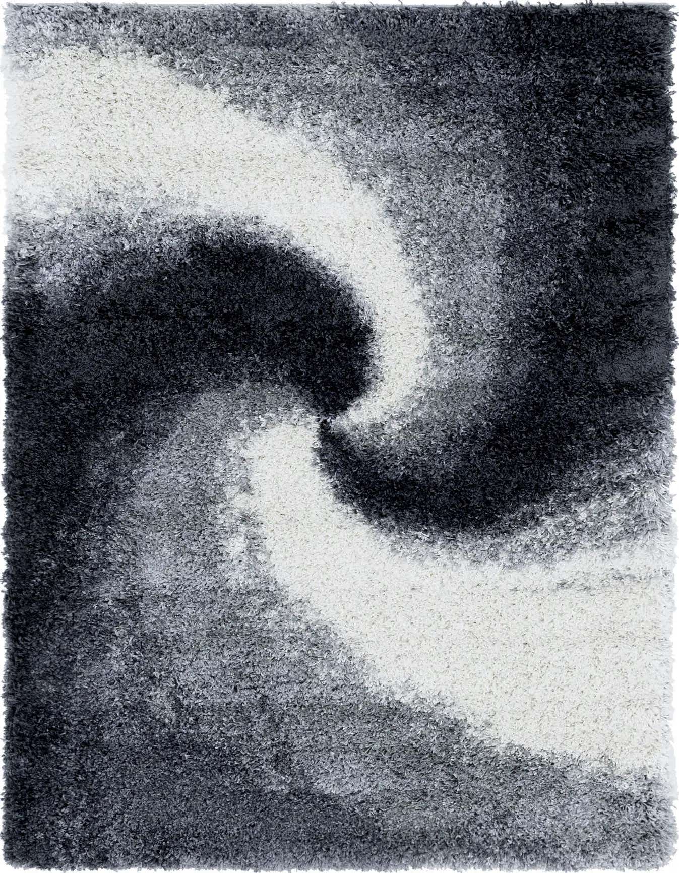 A 4x6 rectangular gray shag rug with an abstract swirl pattern in varying shades of gray and white.