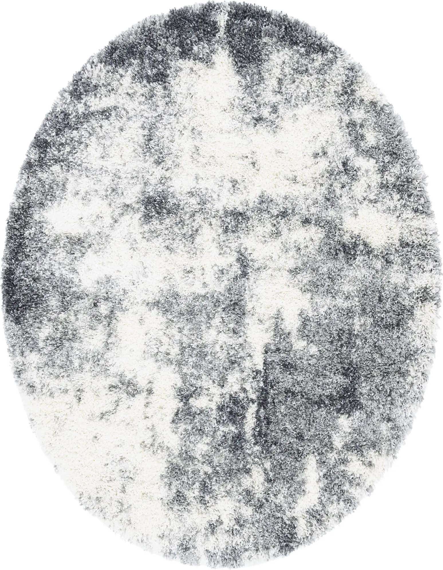 A 5' 3 round gray and white shag rug with a textured, abstract pattern, ideal for modern indoor spaces.