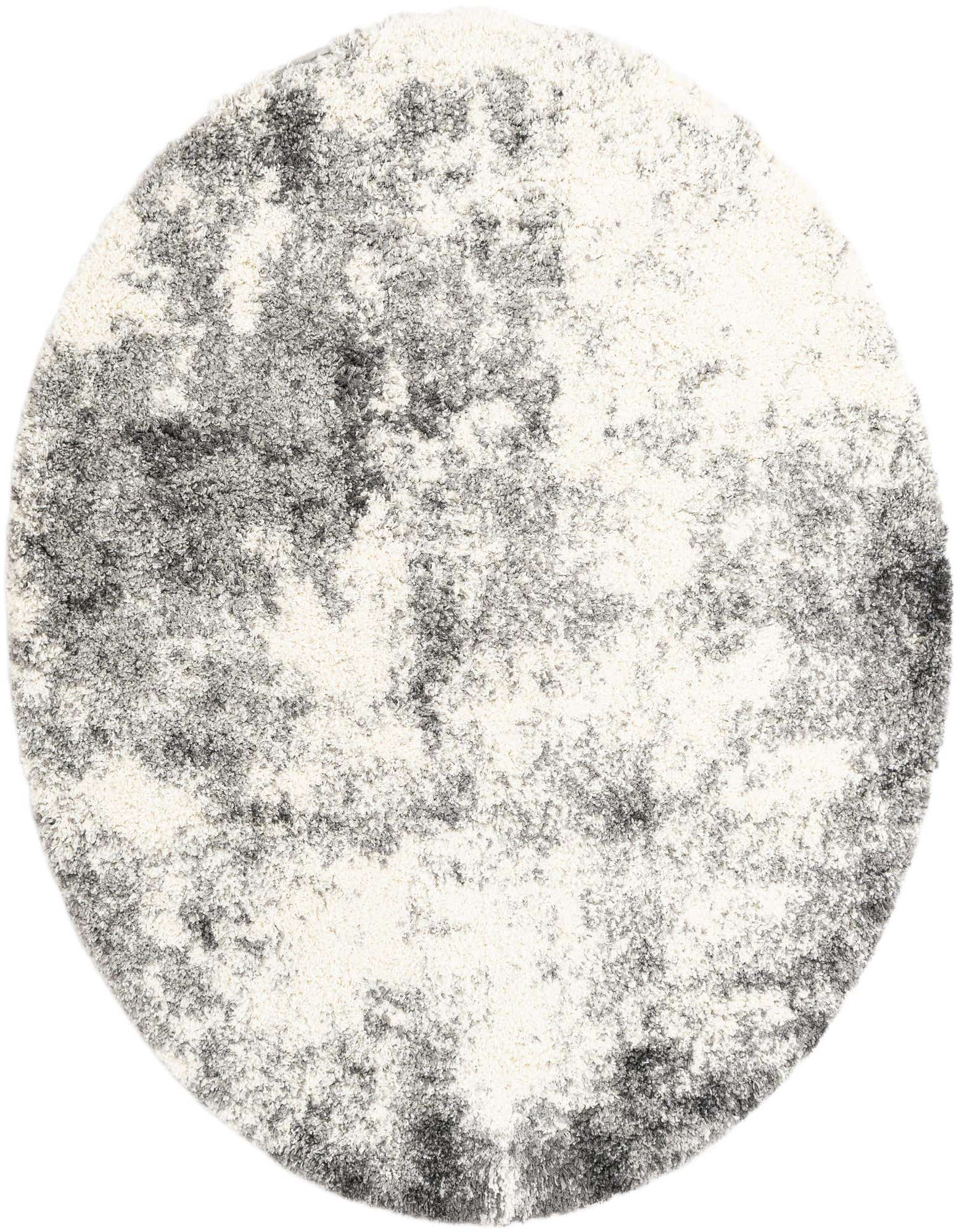 A 6' 0 x 6' 0 round gray and silver shag rug with a textured, abstract pattern, ideal for modern indoor spaces.