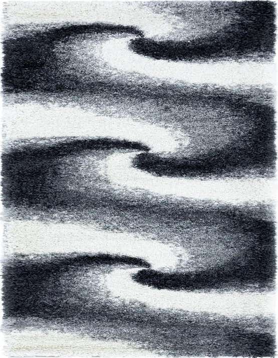 A 10 ft runner rug with a plush shag pile, featuring an abstract swirl pattern in varying shades of gray, silver, and white, ideal for a hallway.