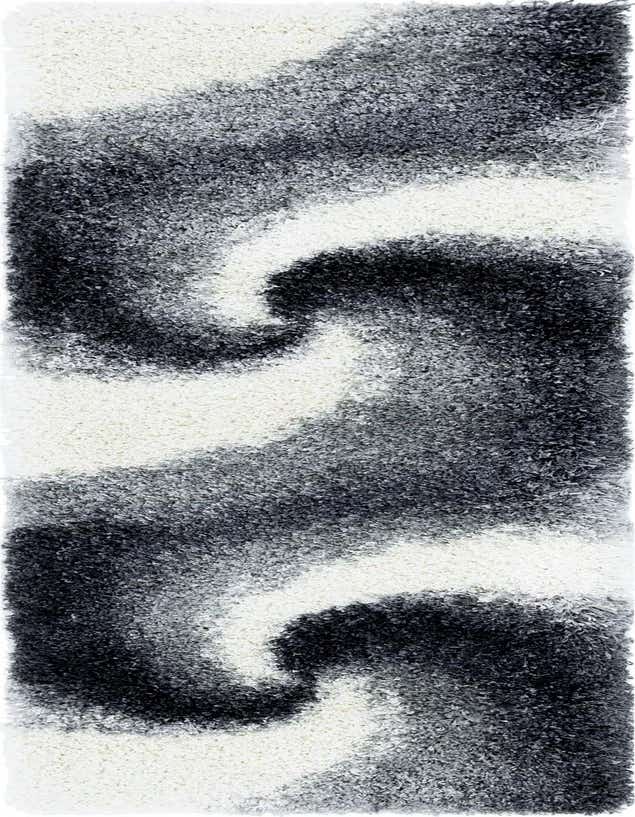 A 7 ft runner rug from the Soft Touch Shag collection, featuring a plush gray and silver abstract swirl pattern.