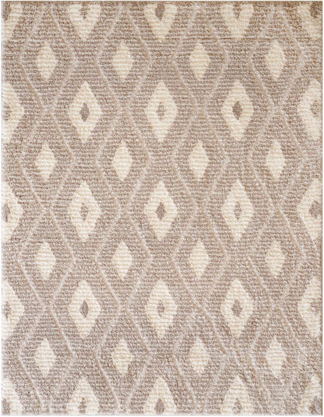 A 4x6 rectangular ivory and gray modern rug with a diamond pattern and textured pile, suitable for a living room.
