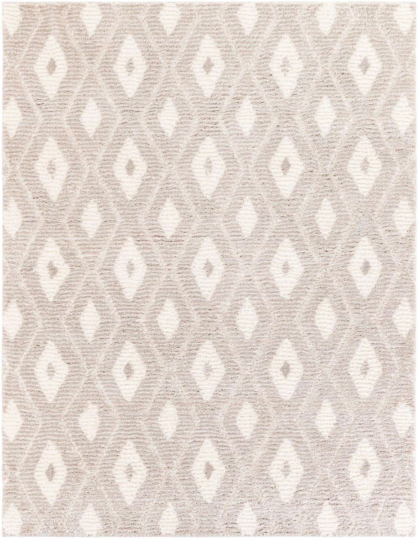 A 5x8 rectangular ivory and gray modern area rug with a textured diamond pattern, perfect for a living room.