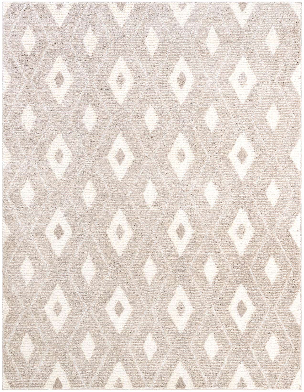 A 6x9 rectangular ivory and gray area rug with a textured geometric diamond pattern, suitable for a living room.