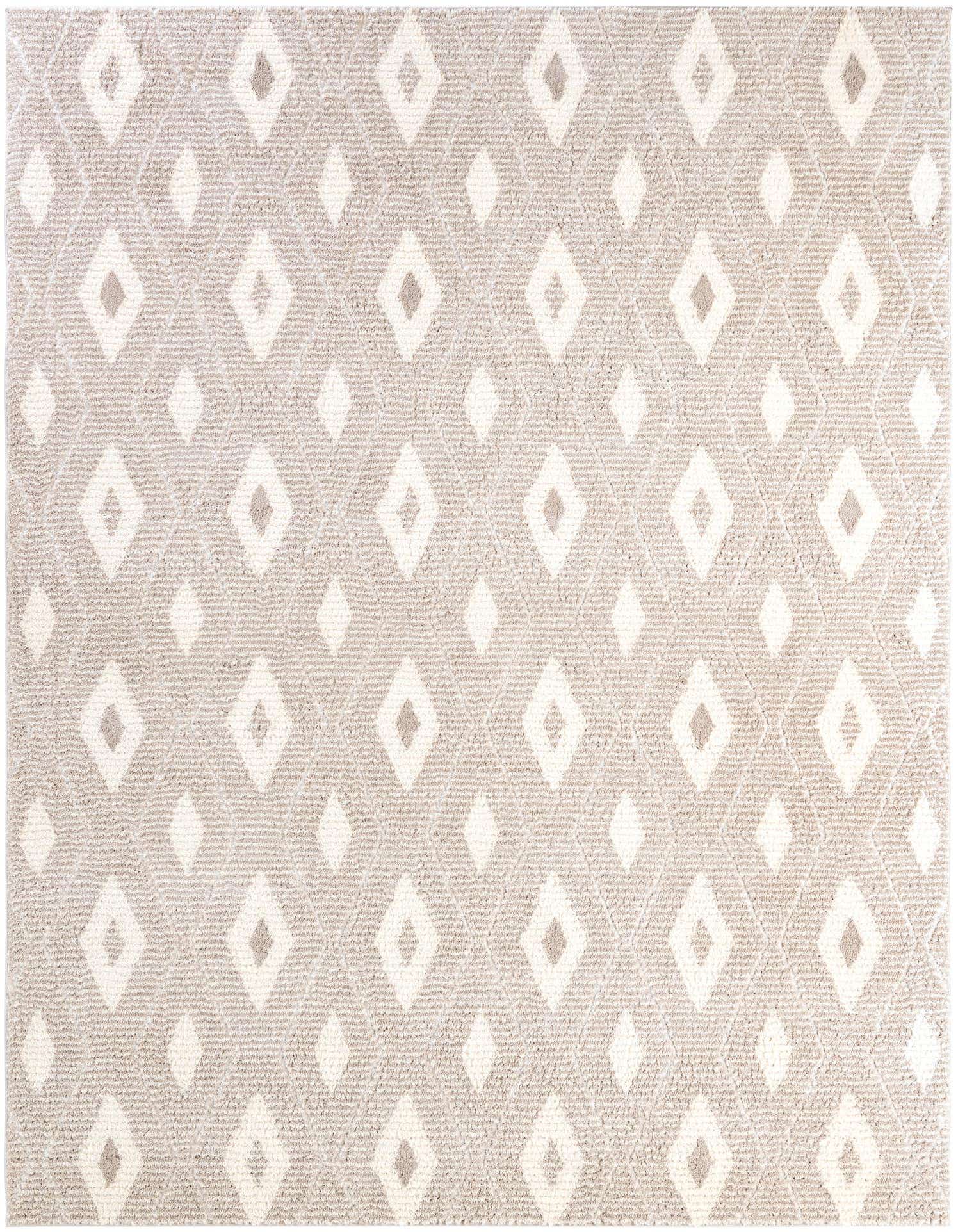 An 8x10 rectangular modern area rug with an ivory and gray geometric diamond pattern, featuring a textured pile.
