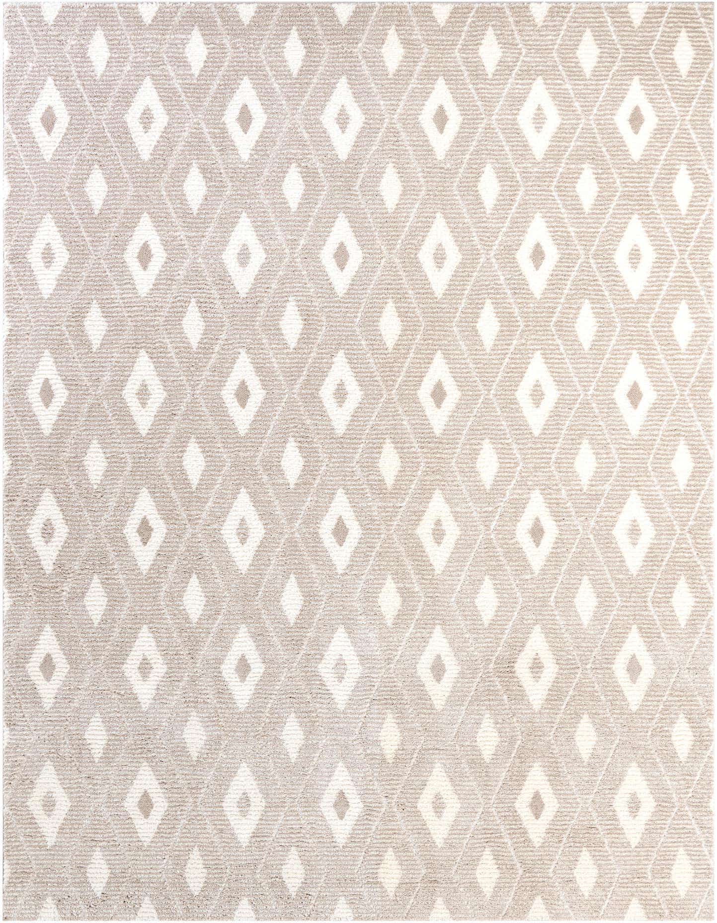 A 9x12 rectangular modern area rug featuring an ivory geometric diamond pattern on a textured light gray and cream background.