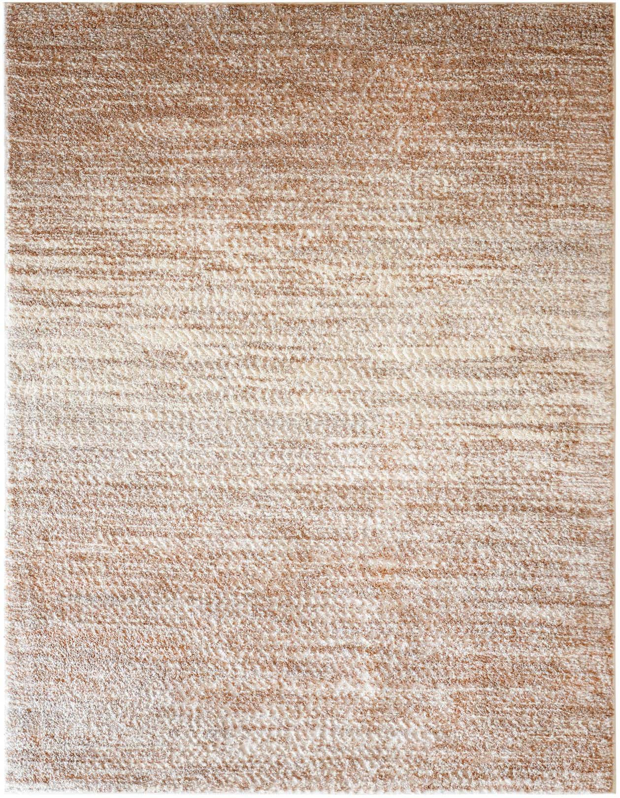A 5x8 rectangular modern abstract area rug in shades of ivory, cream, and gray, featuring a textured pile.