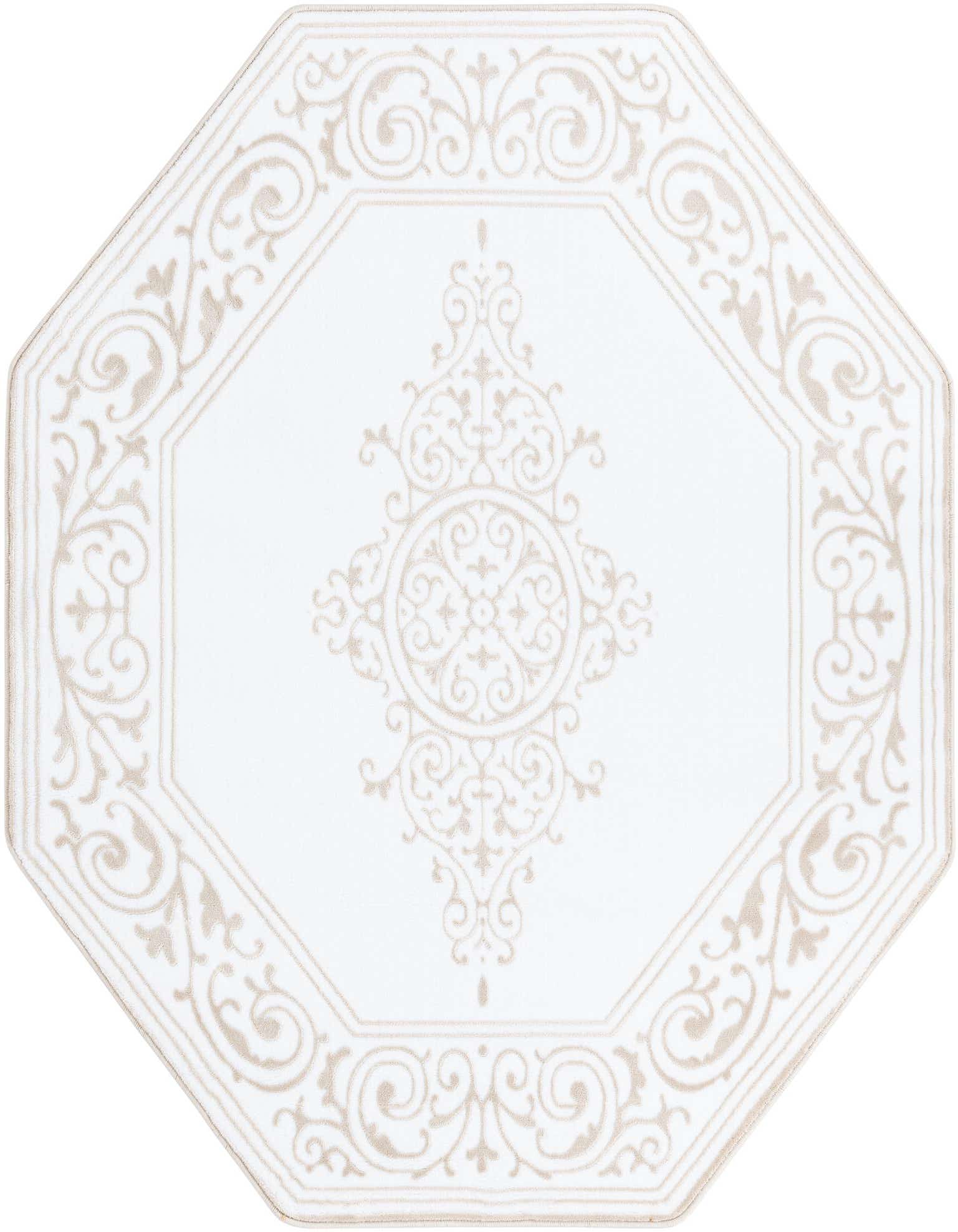 An octagon-shaped white rug with a subtle beige traditional medallion pattern and border, suitable for an indoor patio.