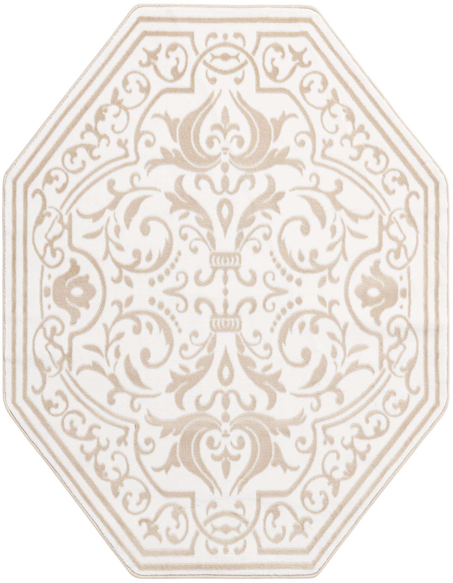 An off-white octagonal rug with a detailed beige traditional floral pattern and border, suitable for an indoor space.