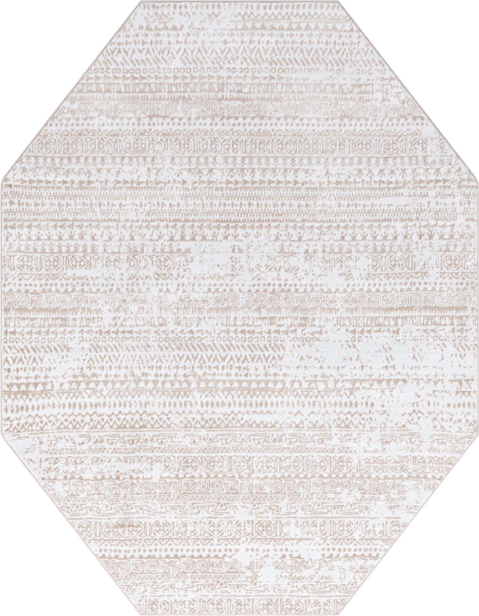 An octagon-shaped white and beige tribal rug with a modern striped pattern and high/low pile.