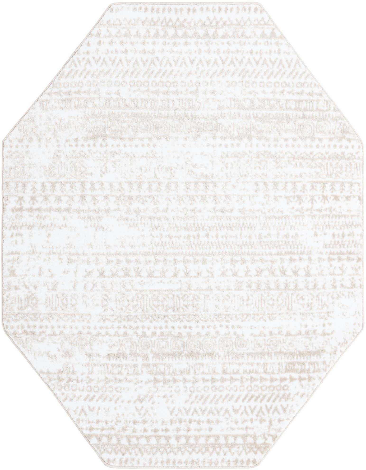 5' 3 x 5' 3 octagon white area rug with subtle tribal and modern stripe patterns in varying pile heights.