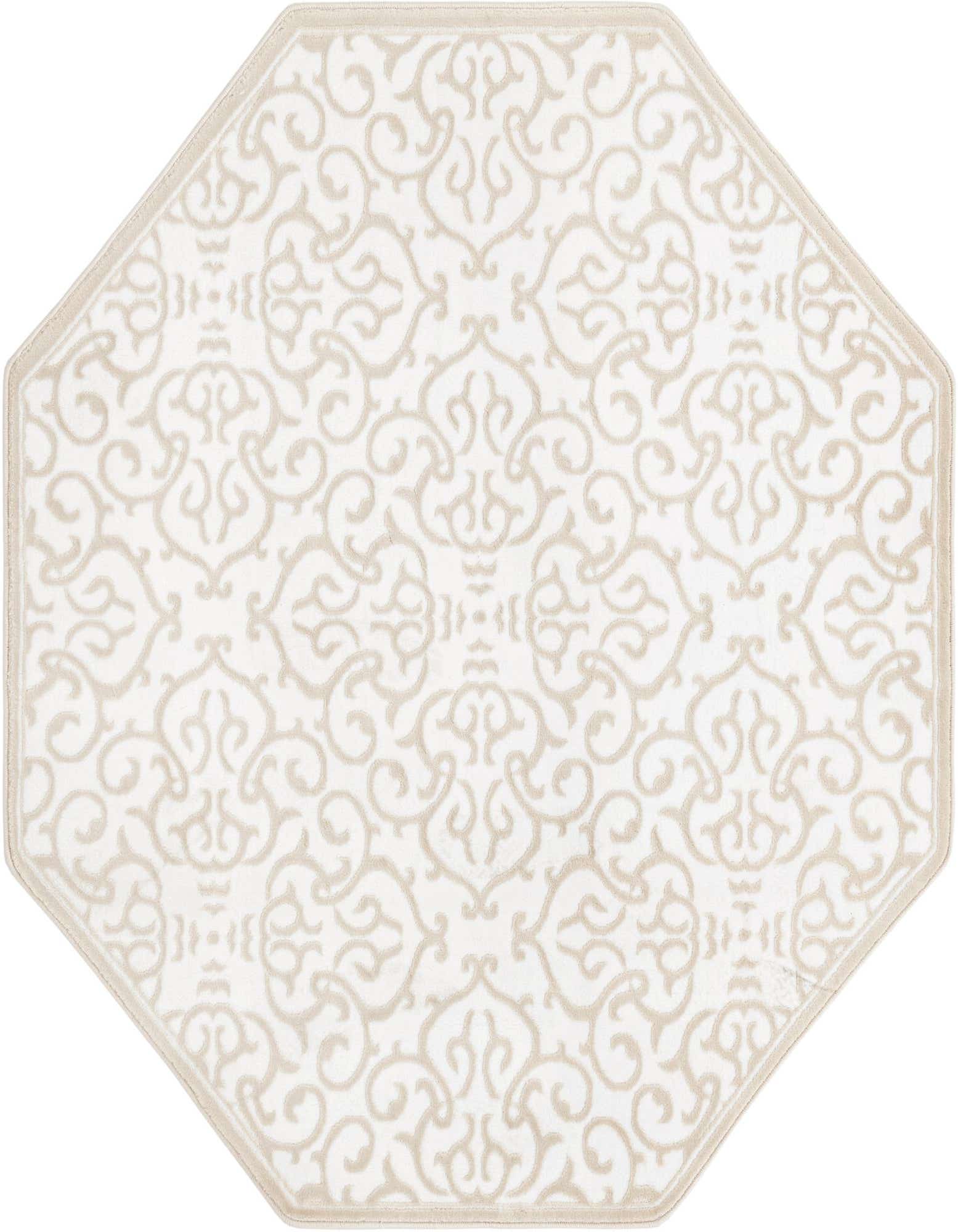 An off-white octagon rug with a subtle, textured beige floral and scroll pattern, perfect for an indoor living space.