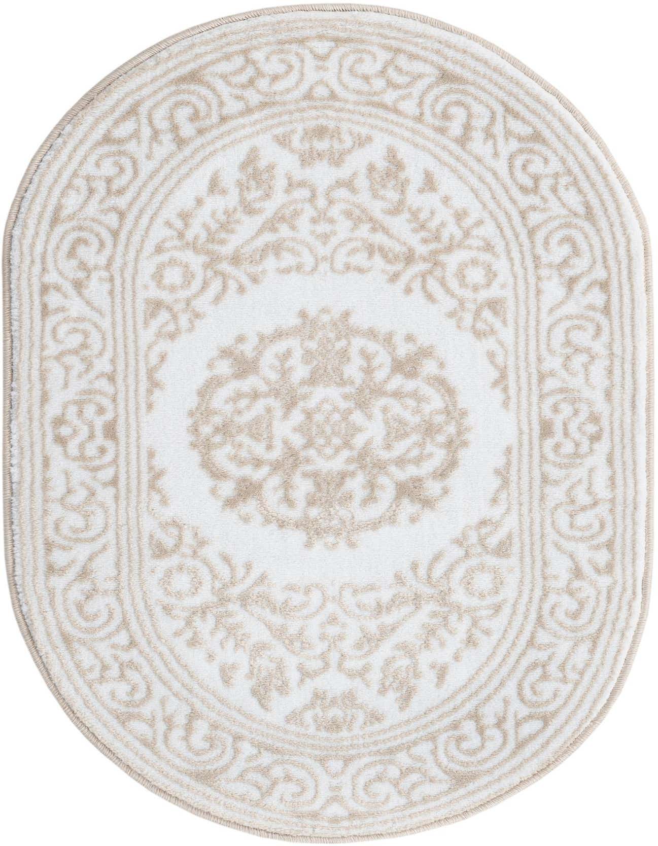 An oval 2' 0 x 3' 0 white and beige rug with an ornate, traditional pattern, ideal for an indoor space.