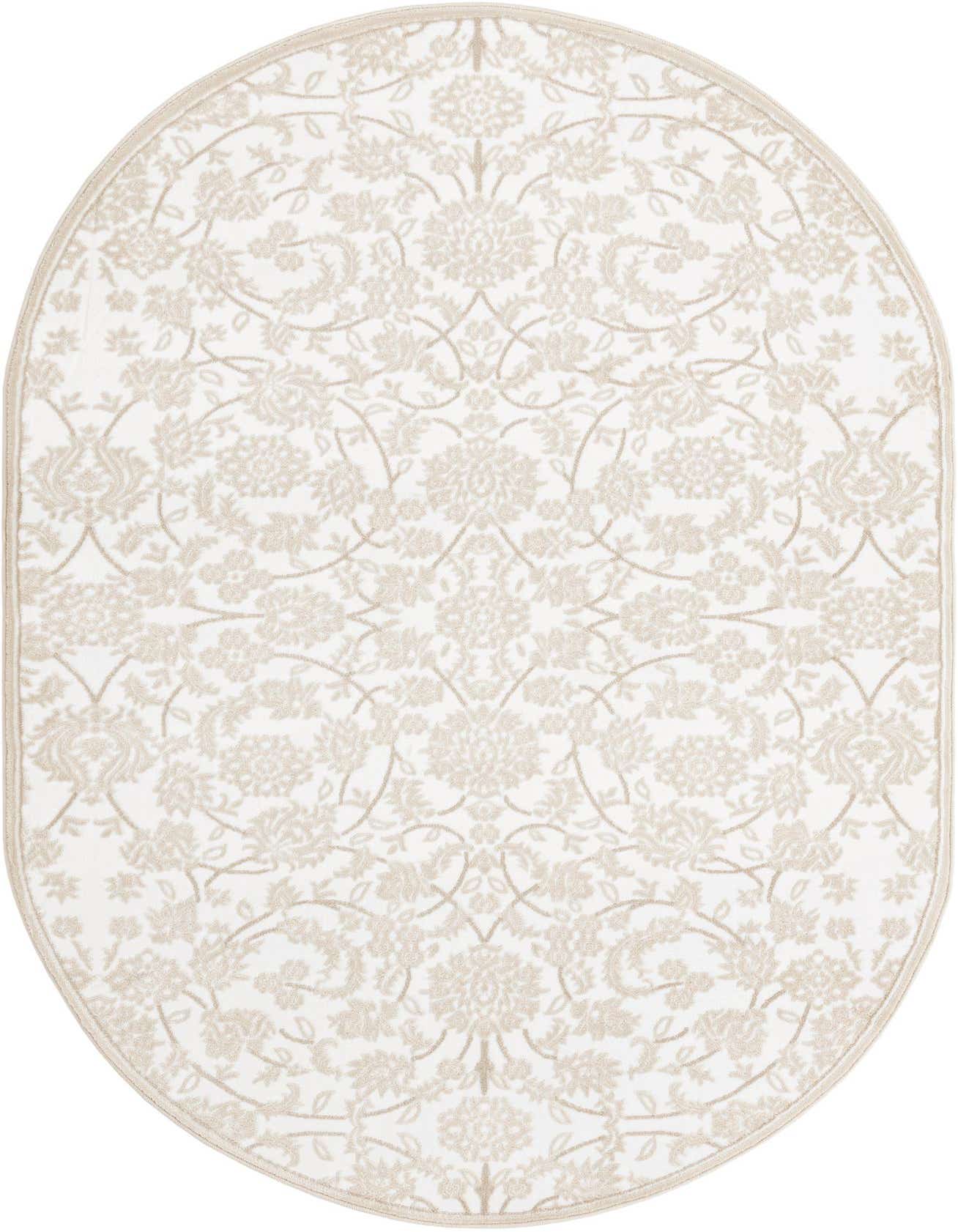 An oval 5'3" x 8'0" white area rug with a subtle, textured floral and vine pattern in light beige, suitable for an indoor living space.