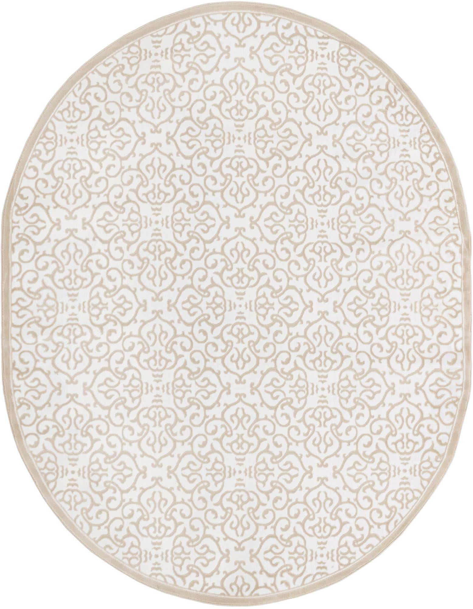 An oval white rug with a subtle beige Hollywood Regency pattern and a thin beige border, suitable for an indoor living space.