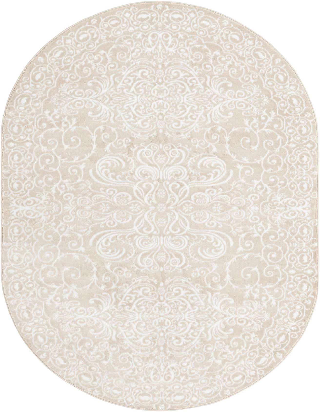 An oval 5'3" x 8'0" white and beige rug featuring an ornate Hollywood Regency floral pattern, ideal for an indoor living space.
