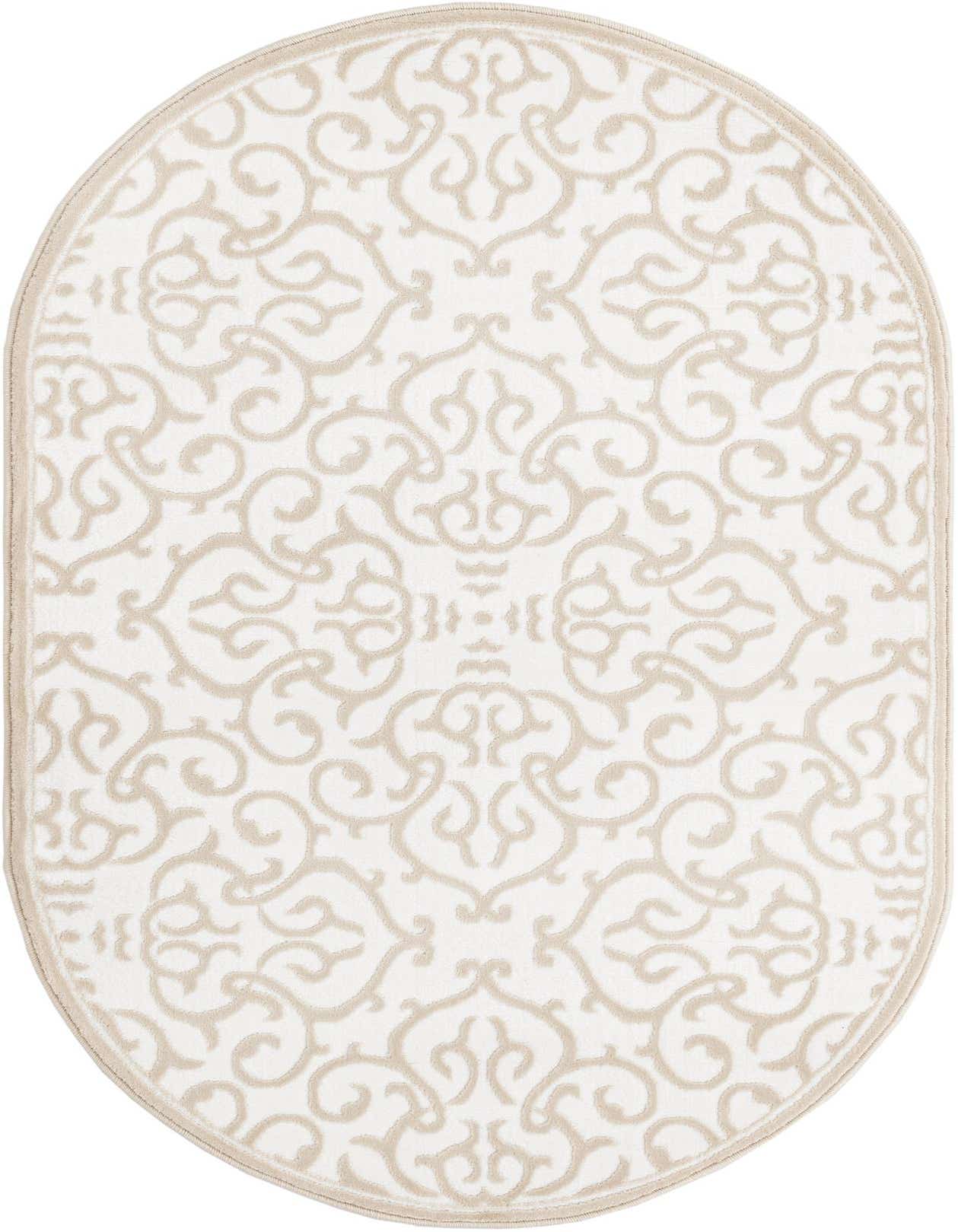 An oval 3' 3 x 5' 3 white rug featuring a textured beige Hollywood Regency floral pattern, ideal for indoor spaces.