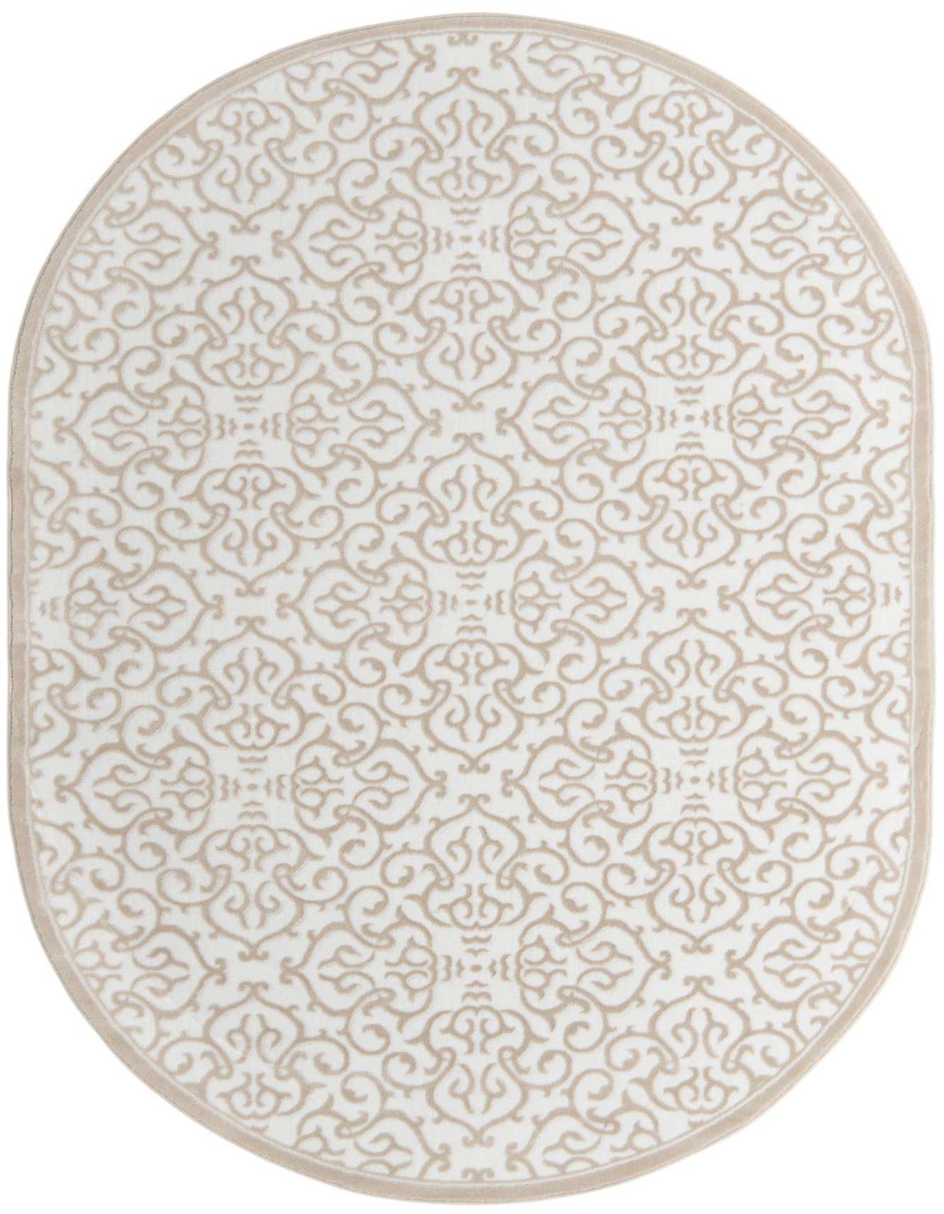 An oval 6' x 9' Nepal rug from Rugs.com with a white background and intricate beige modern floral patterns, featuring a textured pile.